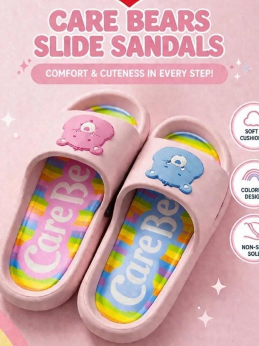 Care Bears Pink Slide Sandals with Rainbow Insole and Character Accents size 9